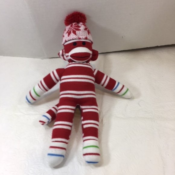 Plushland Red White Striped Winter Sock Knit Monkey 12" - Picture 3 of 11
